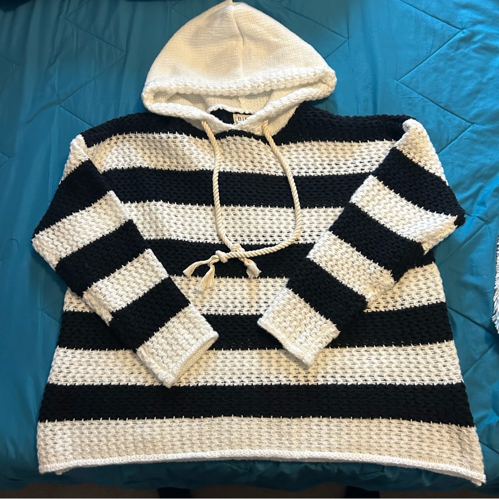 Black and White Striped Hooded Chunky Knit Sweater